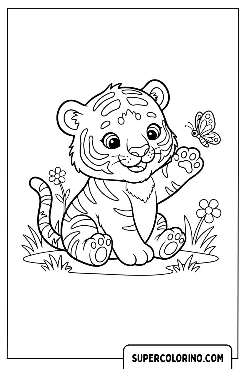 Malvorlage kleiner Tiger, der mit dem Schmetterling spielt