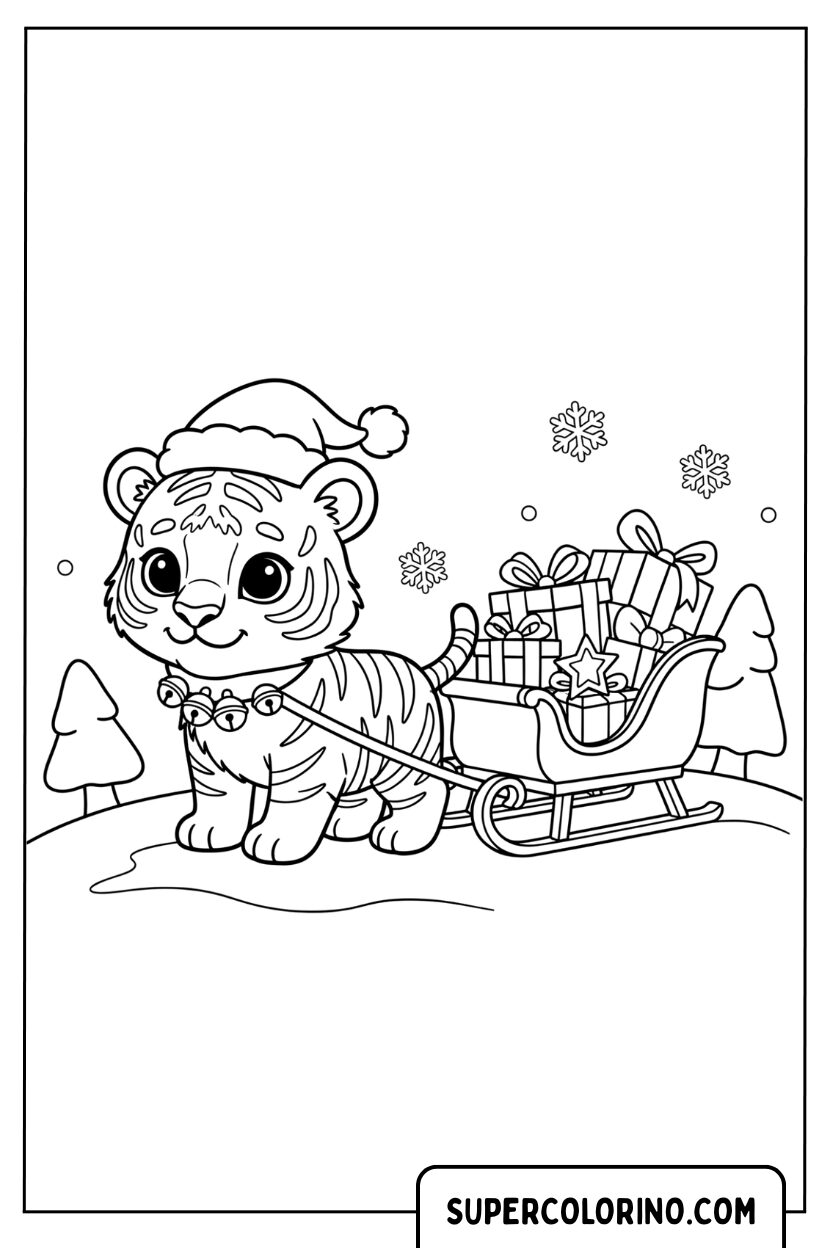 Malvorlage kleiner Tiger, der den Schlitten mit Geschenken zieht