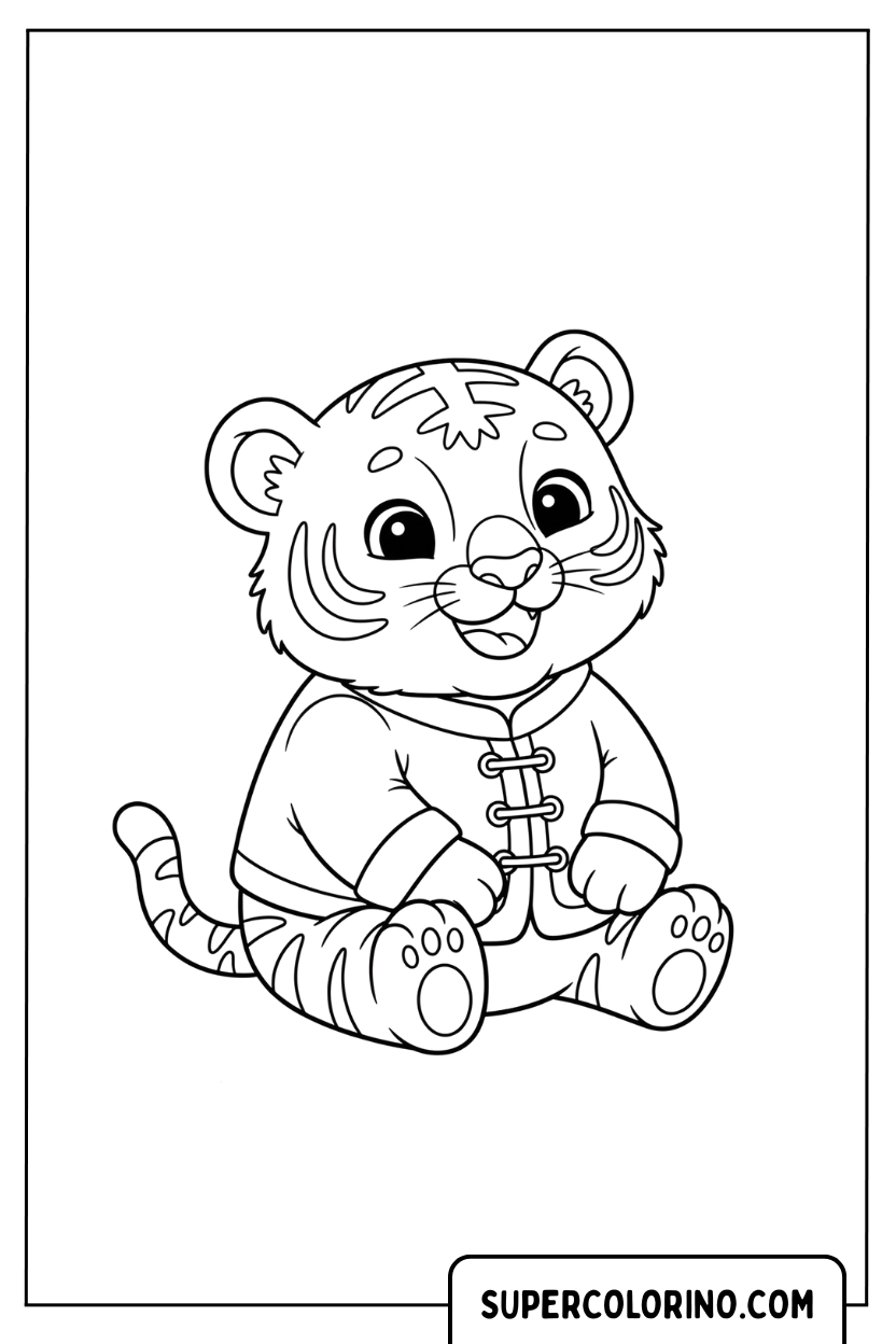 Malvorlage Tiger mit traditioneller Kleidung