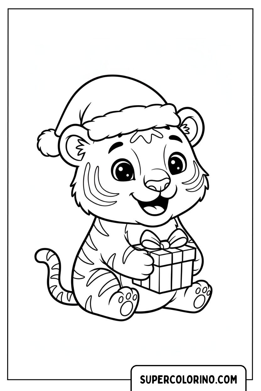 Malvorlage Weihnachtstiger mit Geschenkbox