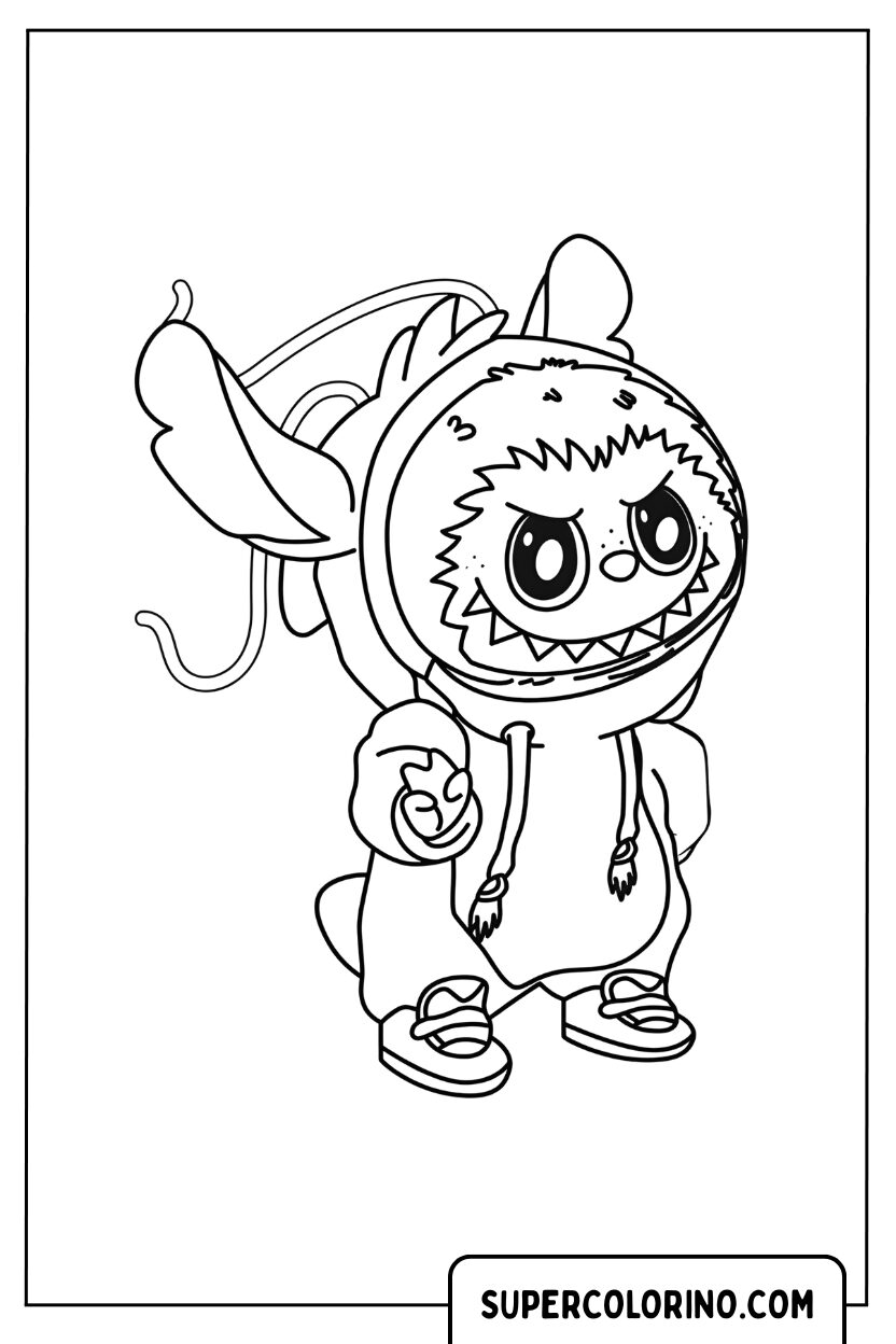 Kawaii Labubu verkleidet als Stitch-Malvorlage