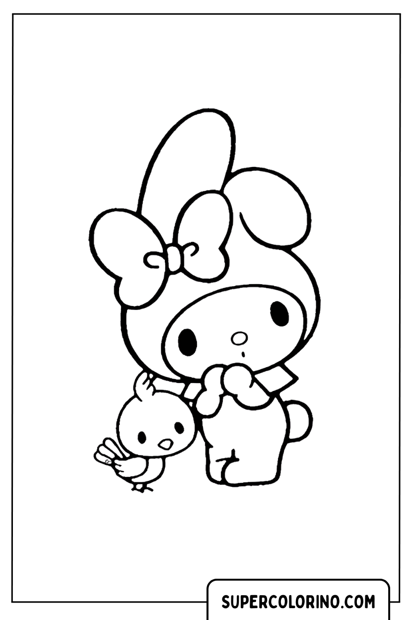 My Melody Kawaii Malseite mit einem kleinen Vogel