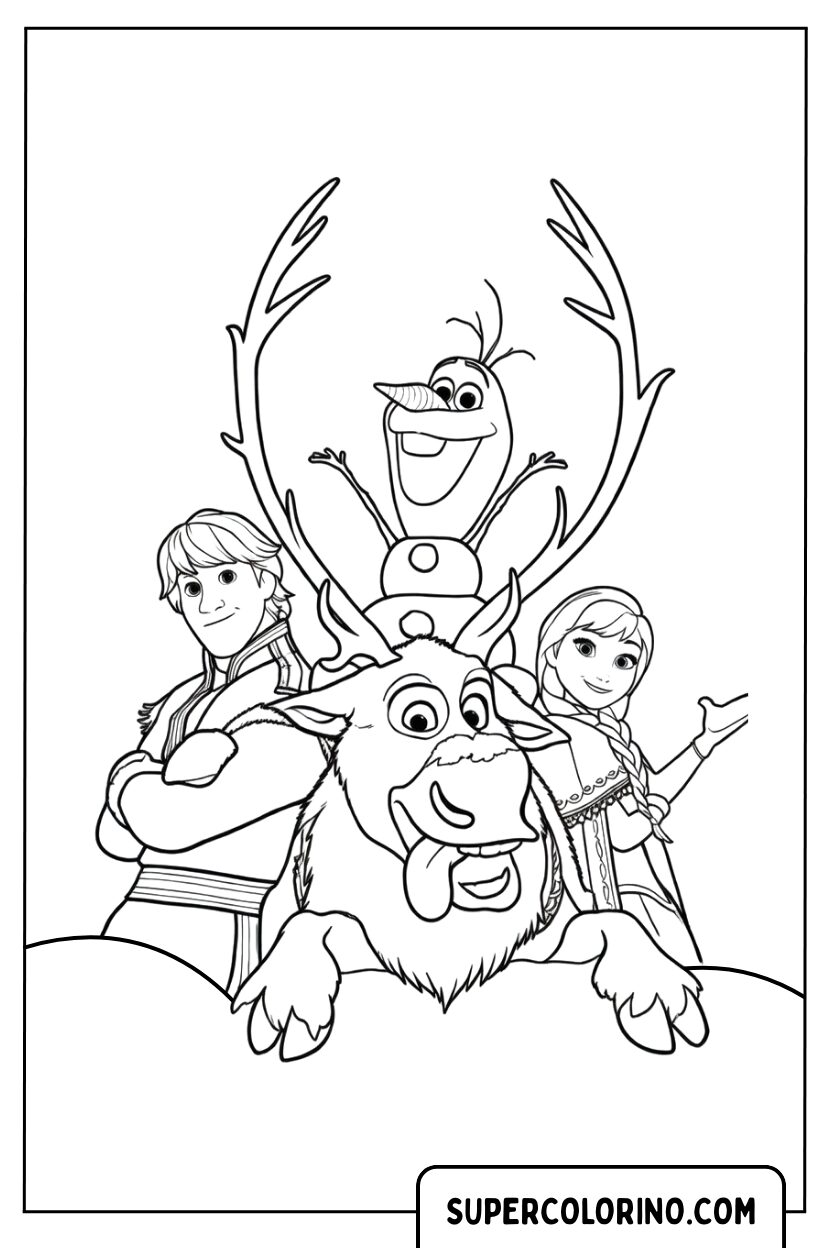 Zeichnung von Sven mit Anna, Kristoff und Olaf unter den Frozen-Malvorlagen
