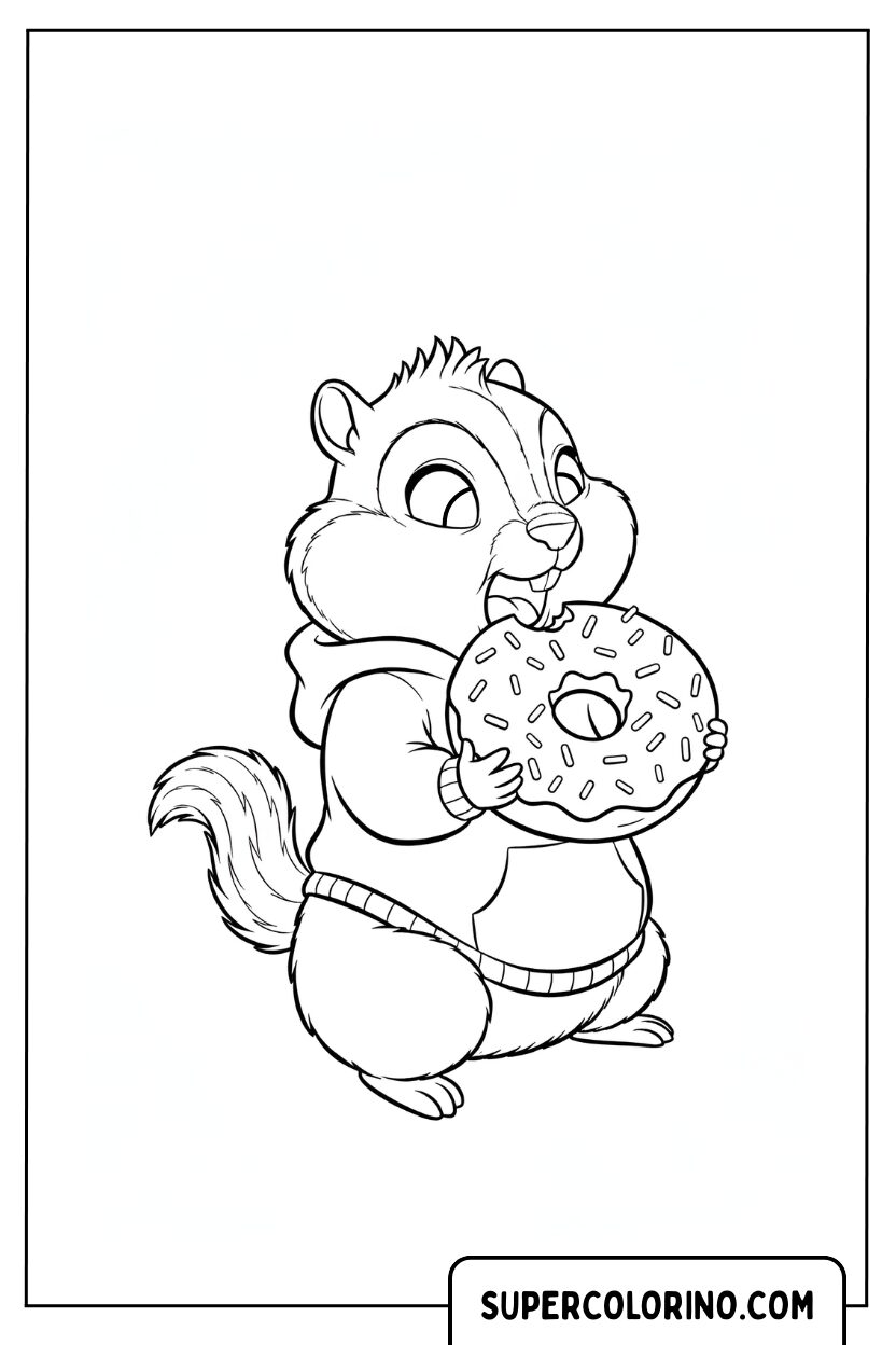 Coloriage Théodore l'écureuil mangeant un beignet