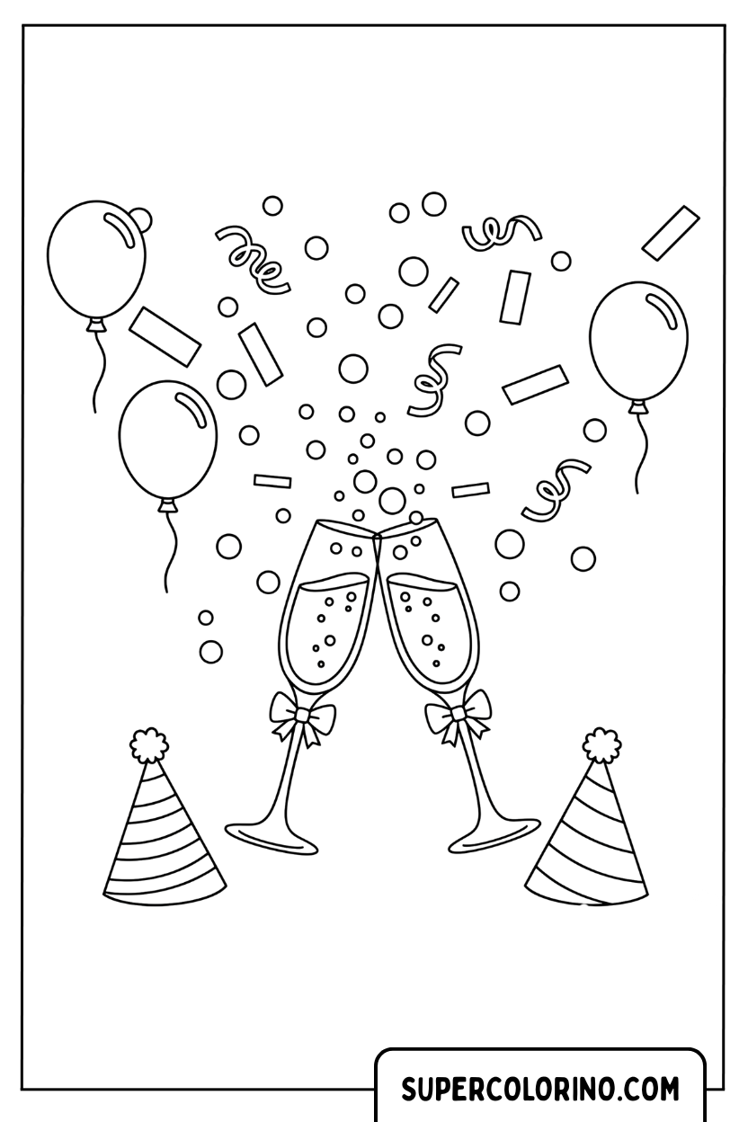 Malvorlage mit Gläsern für den Neujahrstoast