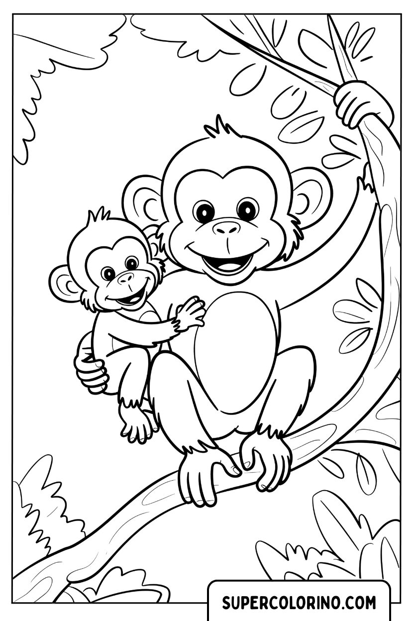 Coloriage d'une mère singe avec son bébé