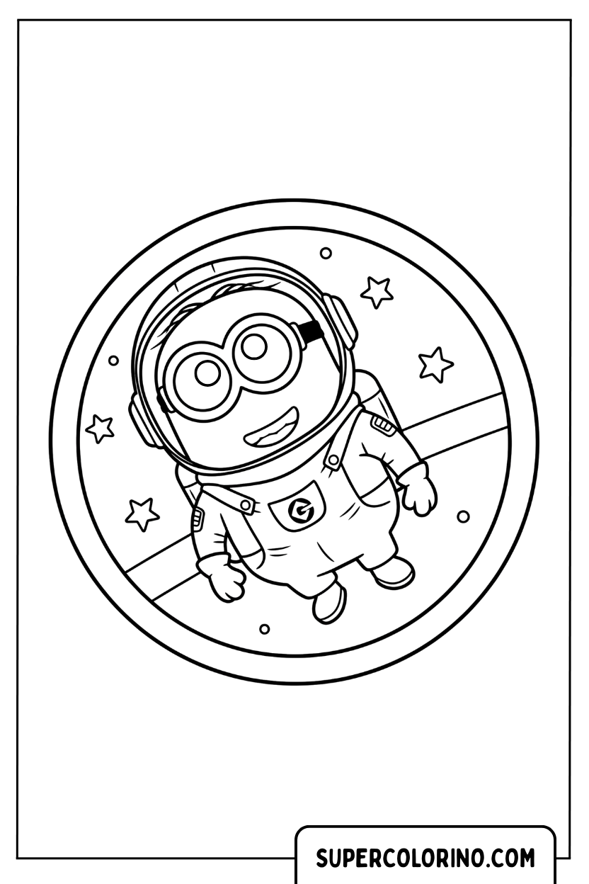 Disegno di un Minion astronauta nell’oblò da colorare