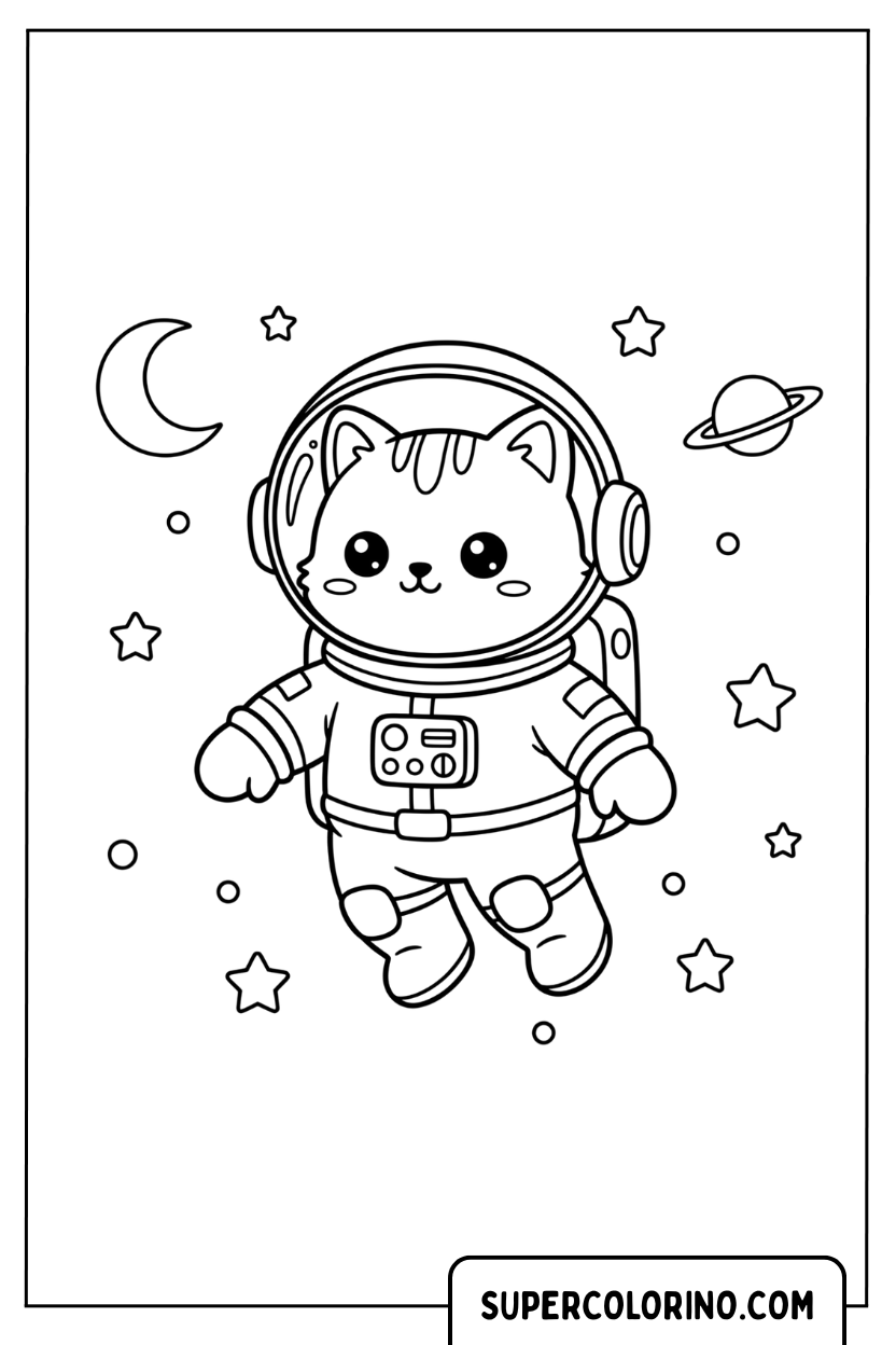 Malseite einer Kawaii-Astronautenkatze im Weltraum