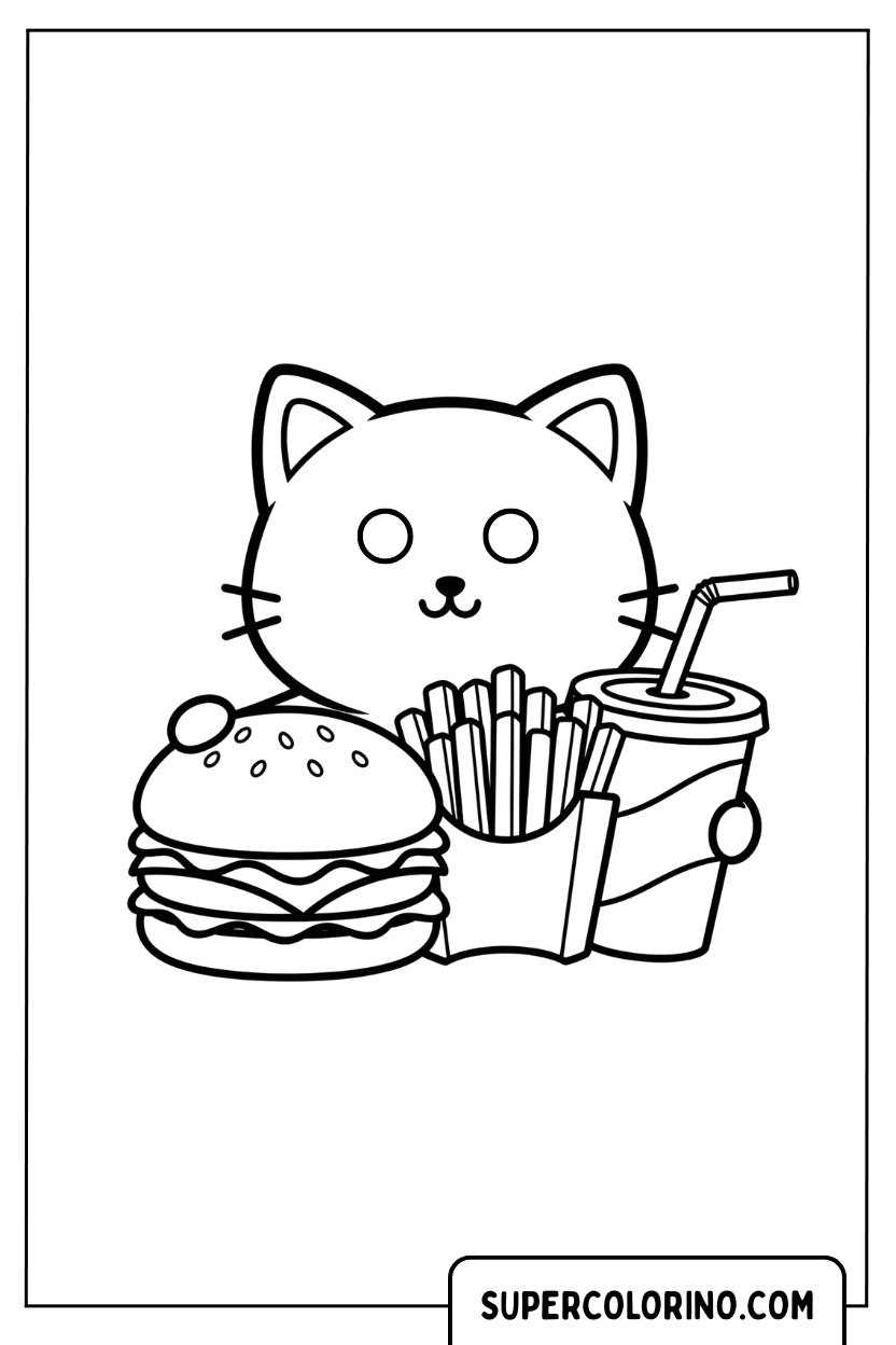 Malvorlage einer Kawaii-Katze mit Fast-Food-Menü