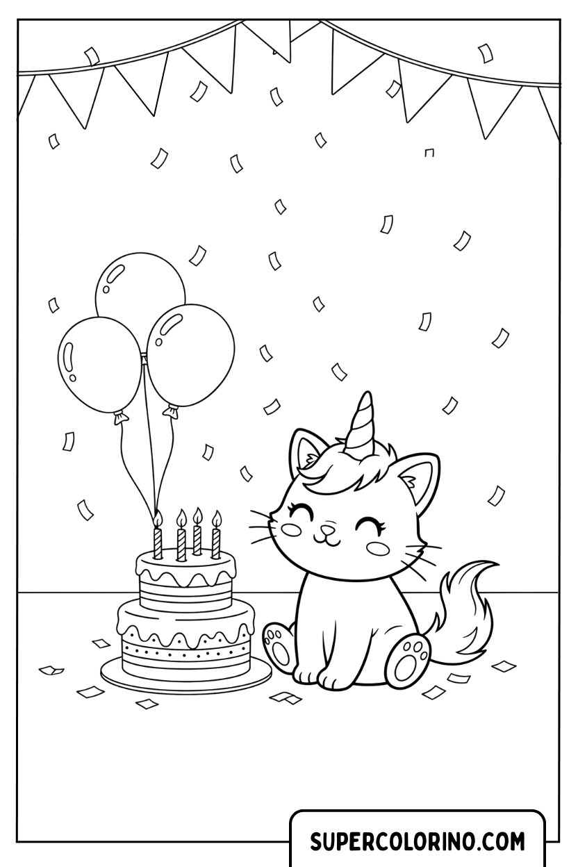 Coloriage d'anniversaire de chat licorne pour Colorier