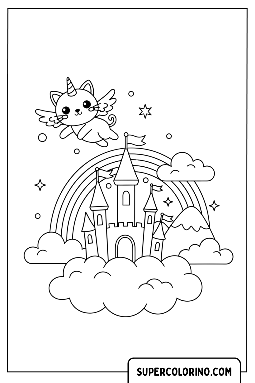 Coloriage d'un chat licorne ailé au-dessus du château