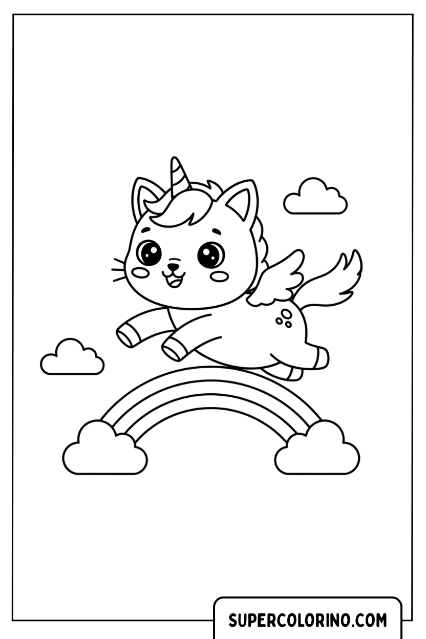 Coloriage Chat licorne ailé sur l'arc-en-ciel