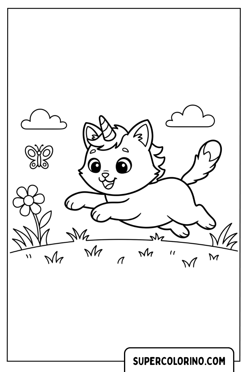 Coloriage d'un chat licorne qui court dans le pré