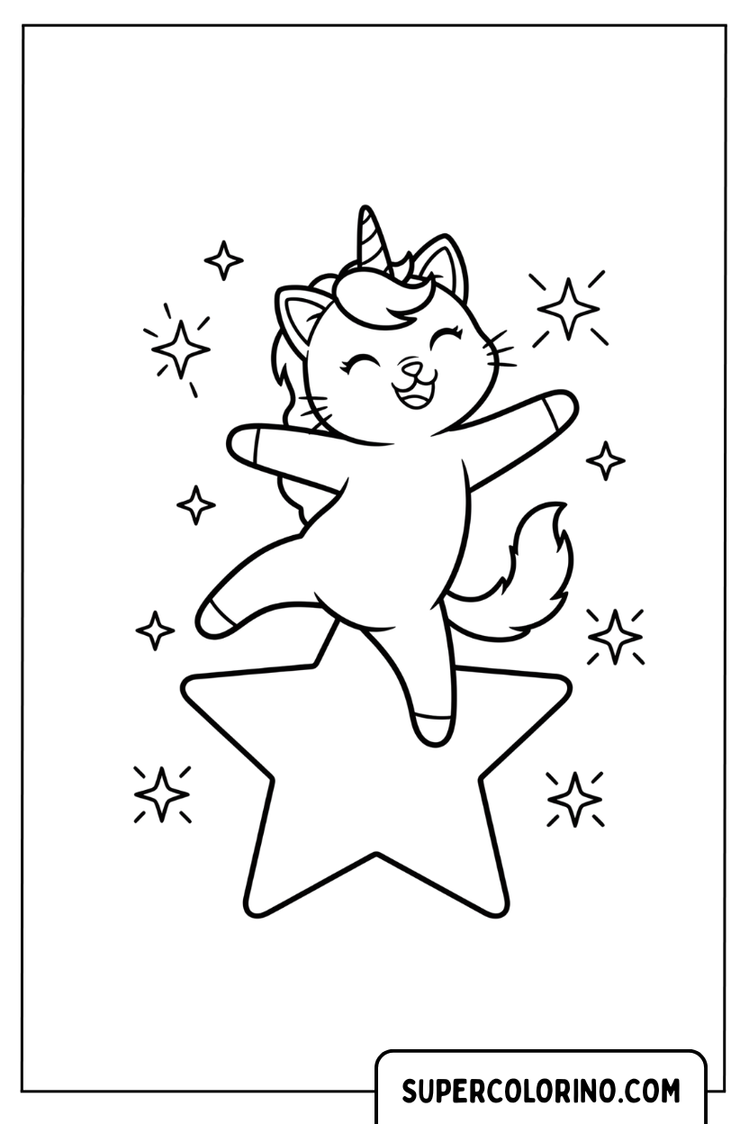 Coloriage d'un chat licorne dansant sur une étoile