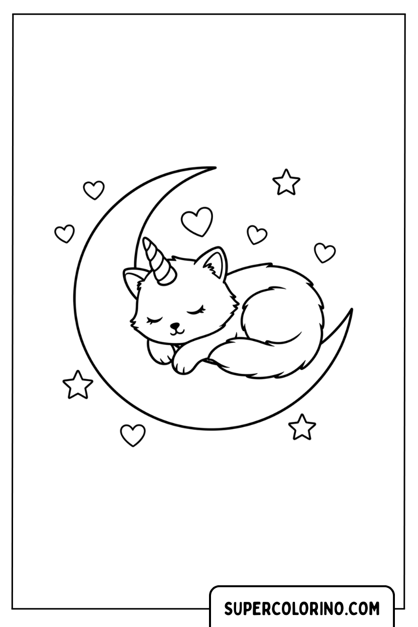 Coloriage d'un chat licorne dormant sur la lune