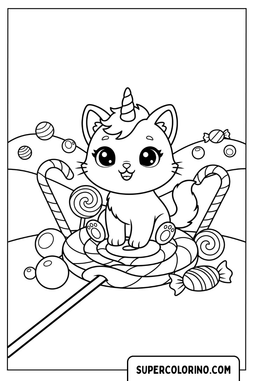 Coloriage d'un chat licorne avec des bonbons et des sucettes