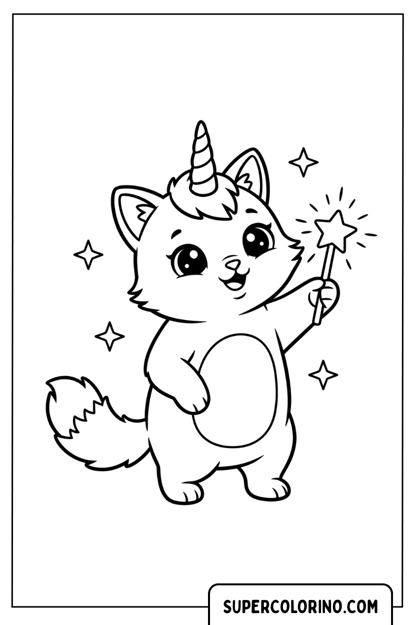 Coloriage Chat licorne avec baguette magique pour Colorier