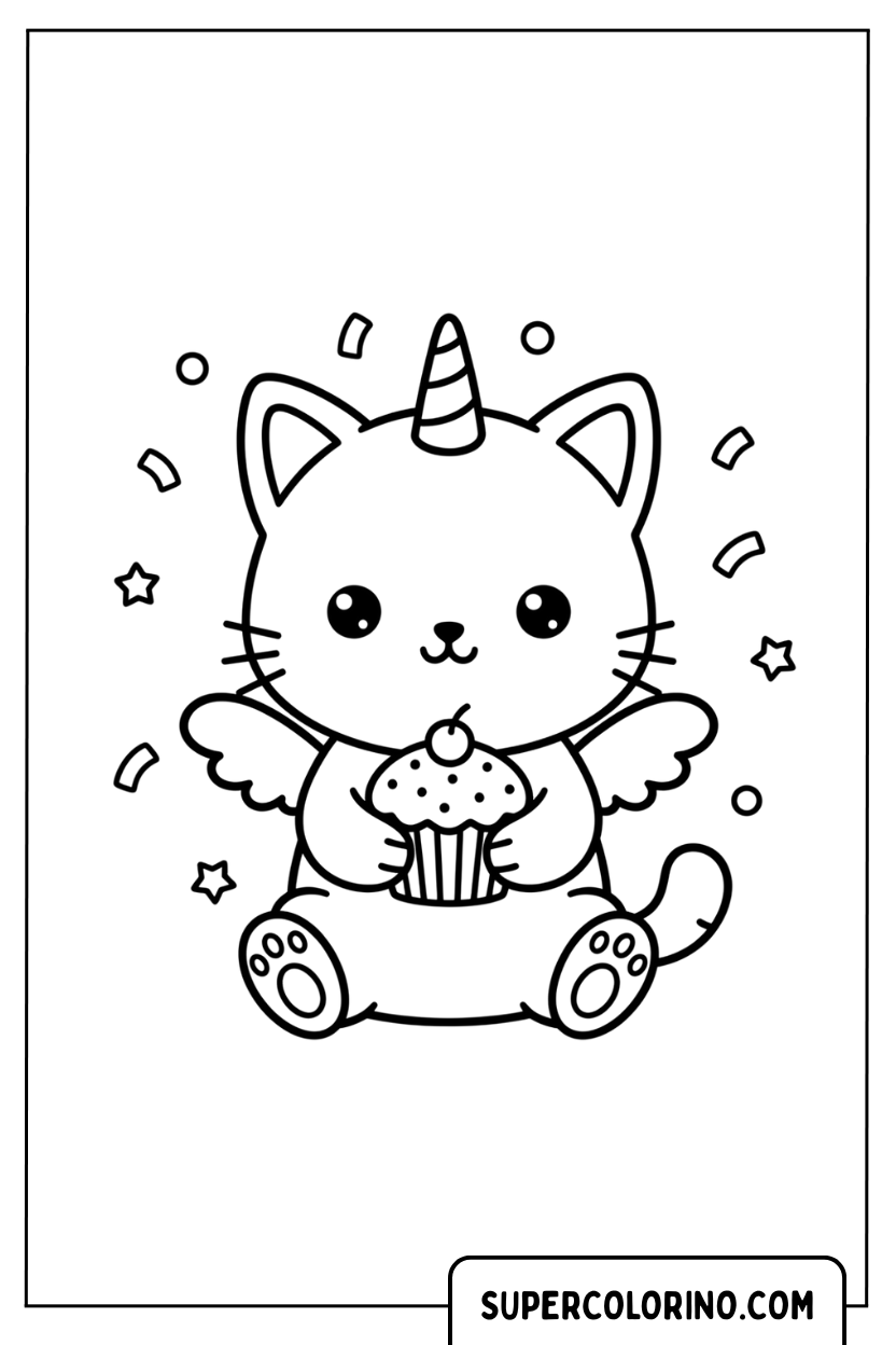 Coloriage Chat licorne avec un cupcake pour Colorier