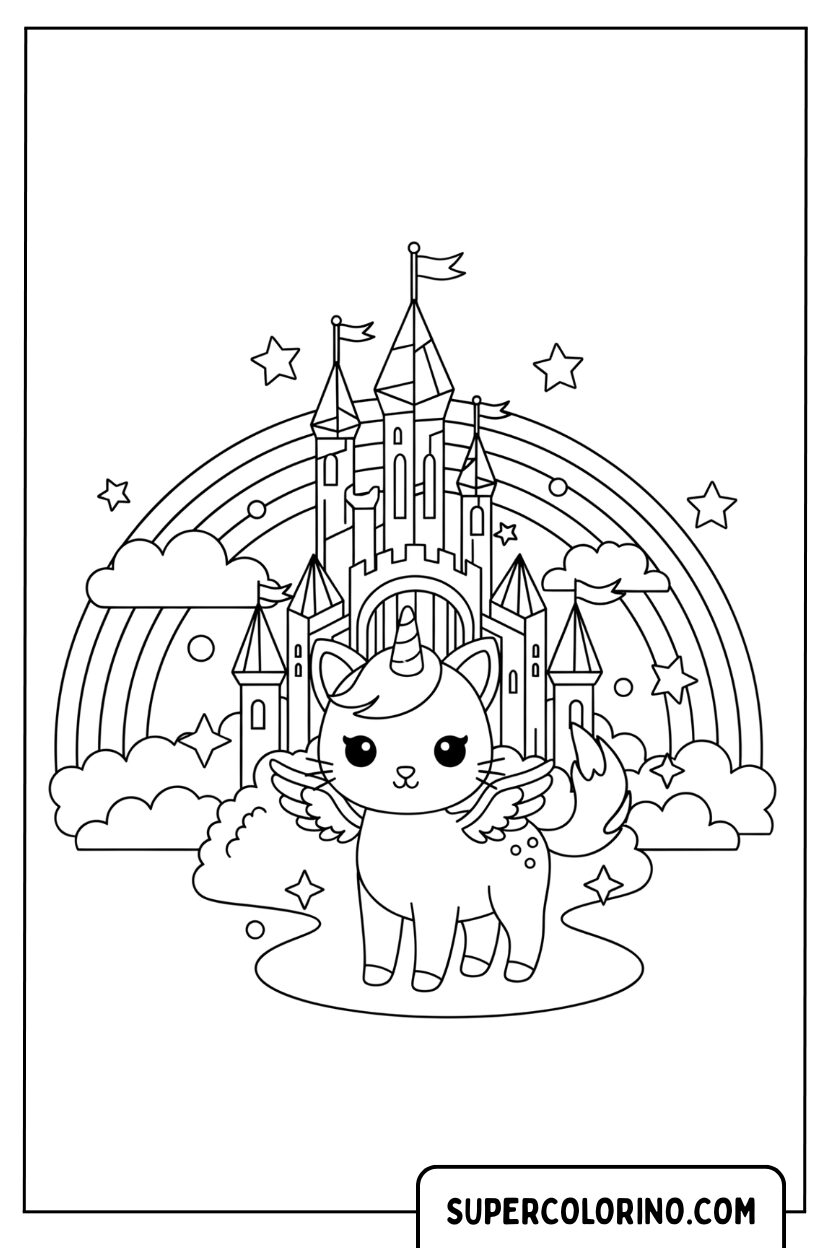 Coloriage d'un chat licorne devant le château arc-en-ciel