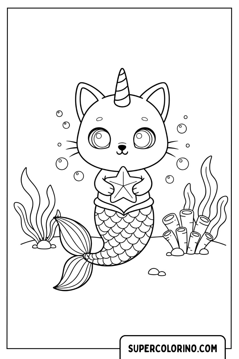 Coloriage Chat licorne sirène avec étoile de mer pour Colorier
