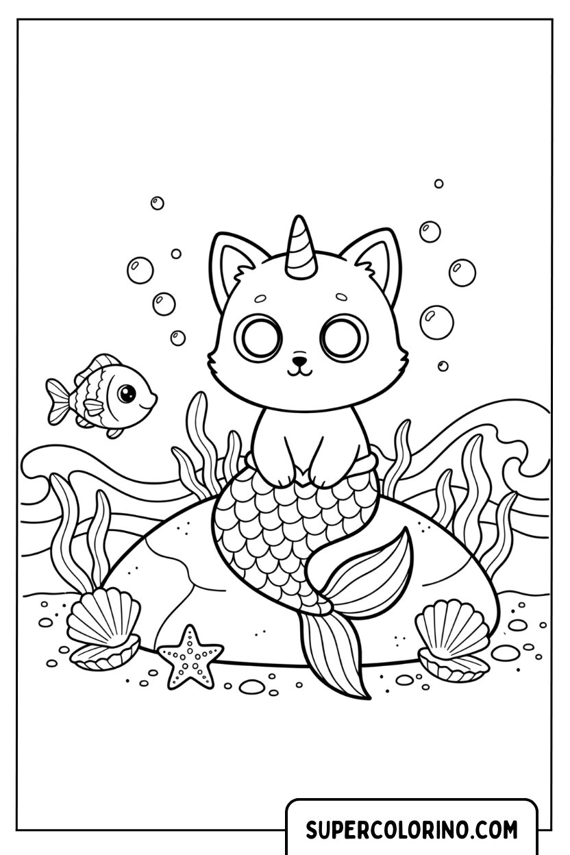 Coloriage d'un chat licorne sirène sur le rocher
