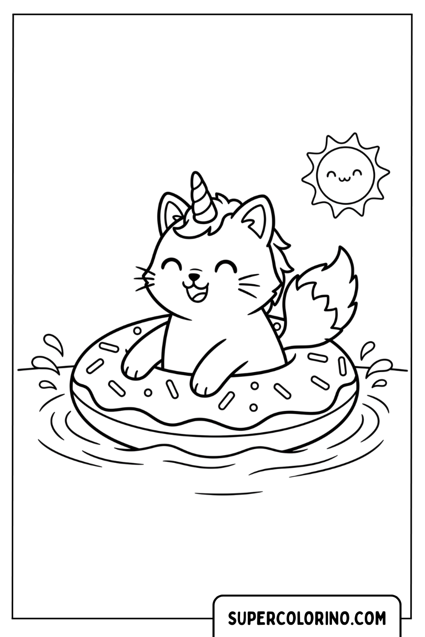 Coloriage d'un chat licorne sur un beignet dans la mer