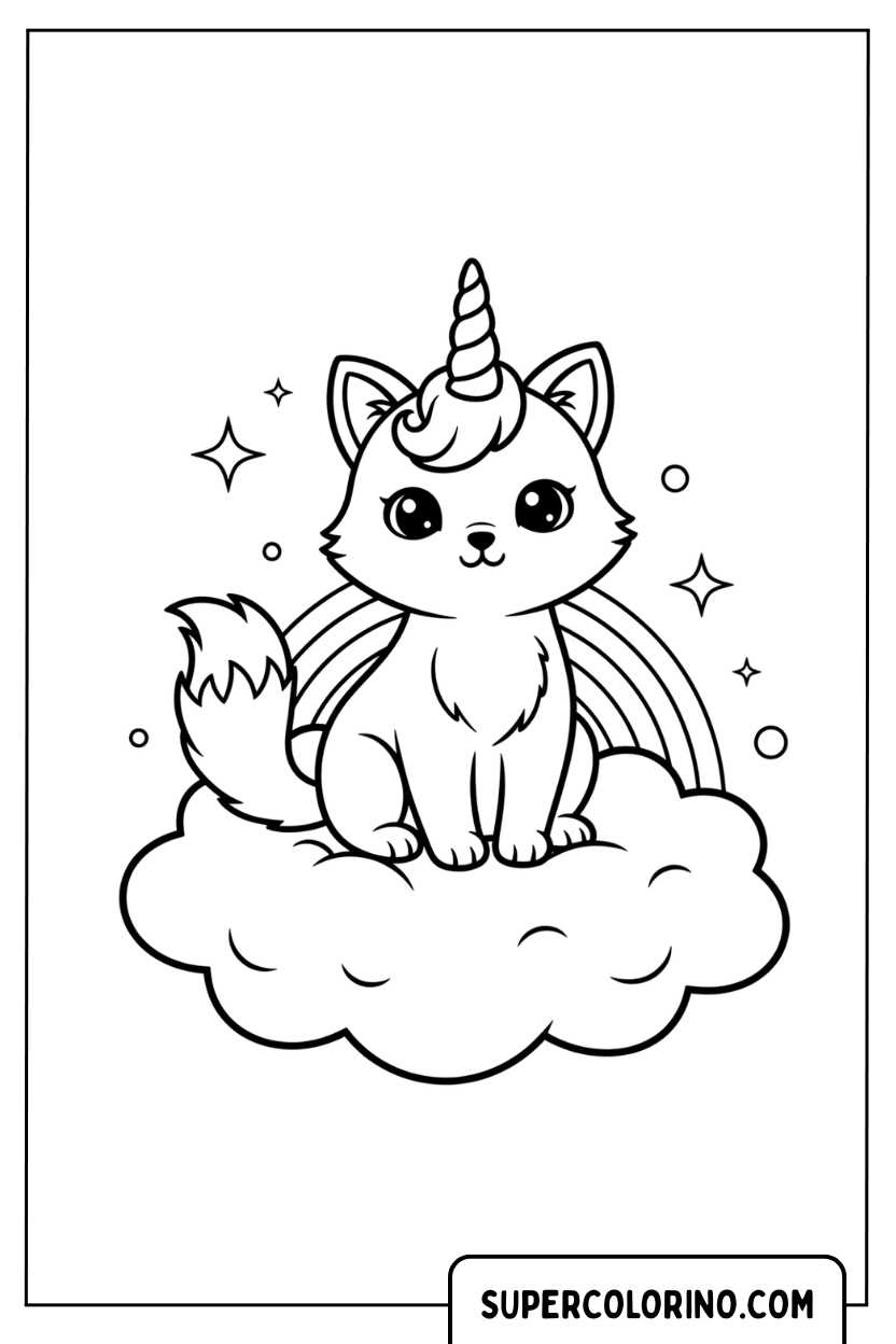 Coloriage d'un chat licorne sur un nuage doux
