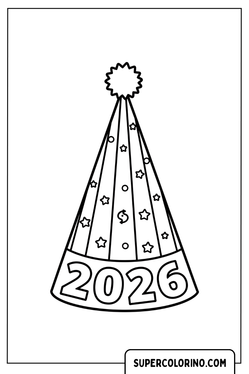 Malvorlage eines großen Neujahrshutes mit dem Design 2026