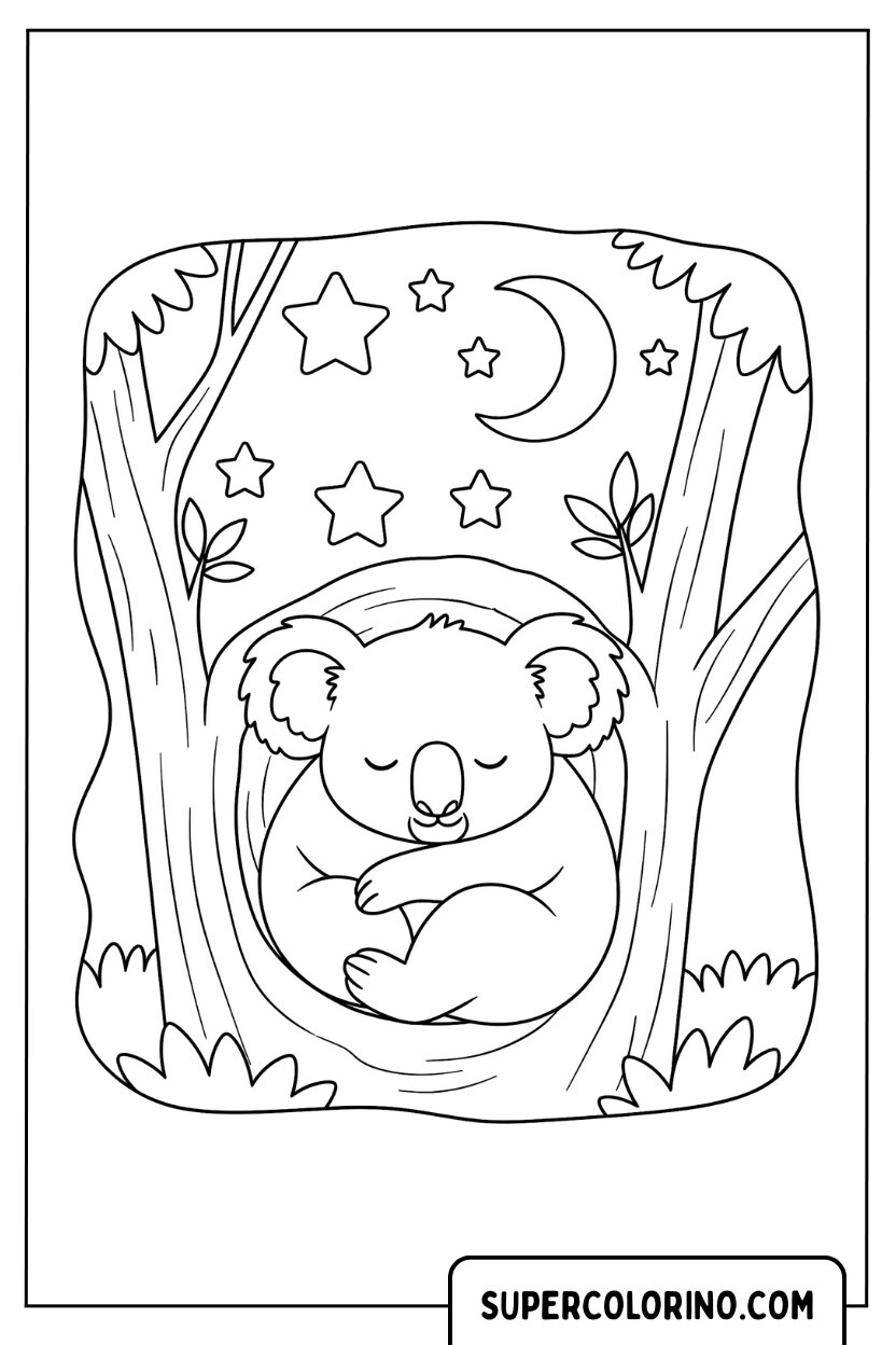 Coloriage d'un koala dormant sous la lune