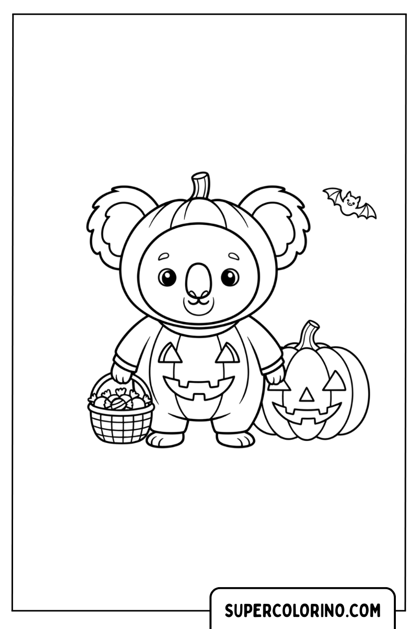 Coloriage d'un koala habillé en citrouille d'Halloween