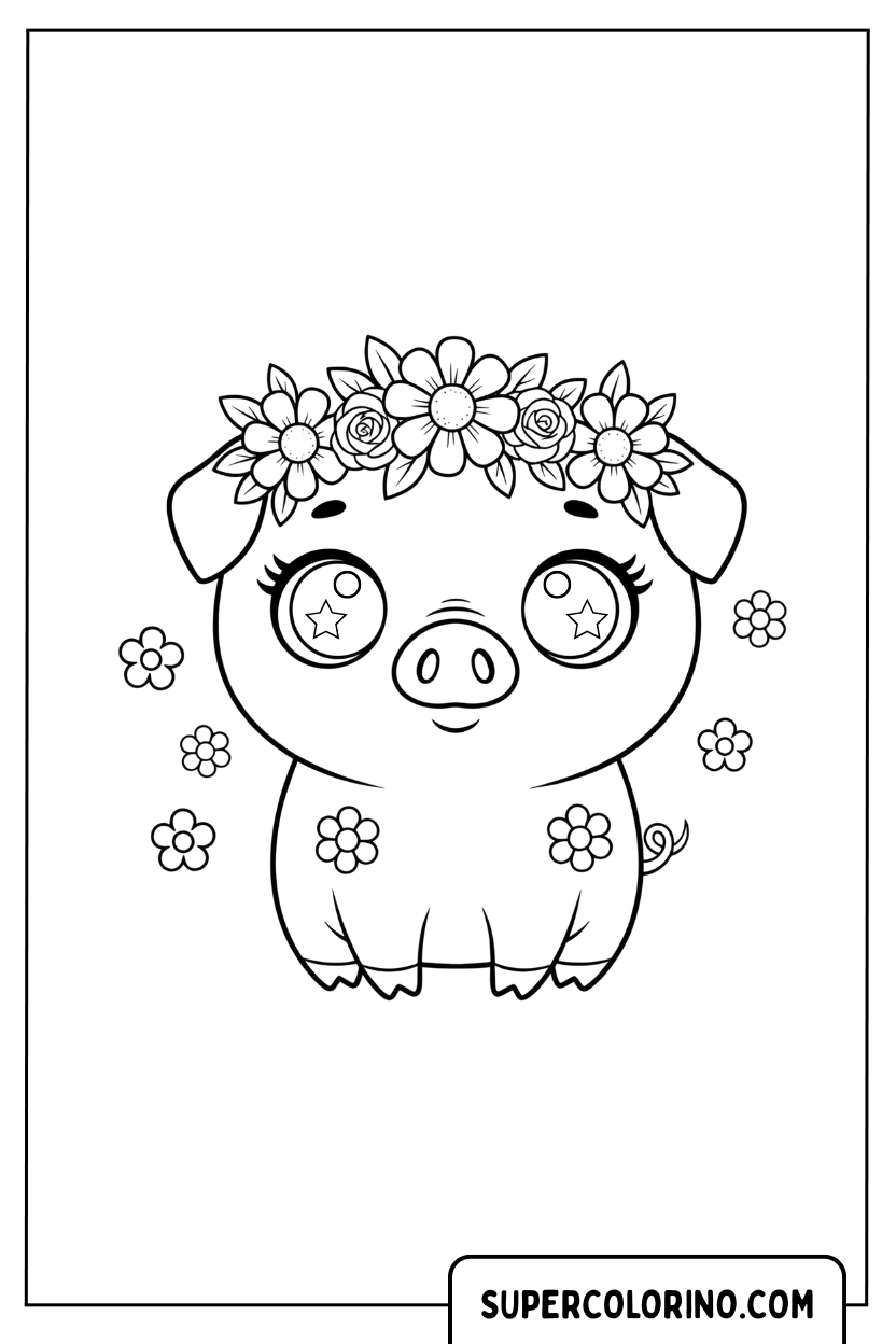 Malvorlage eines Kawaii-Schweins mit einer Blumenkrone