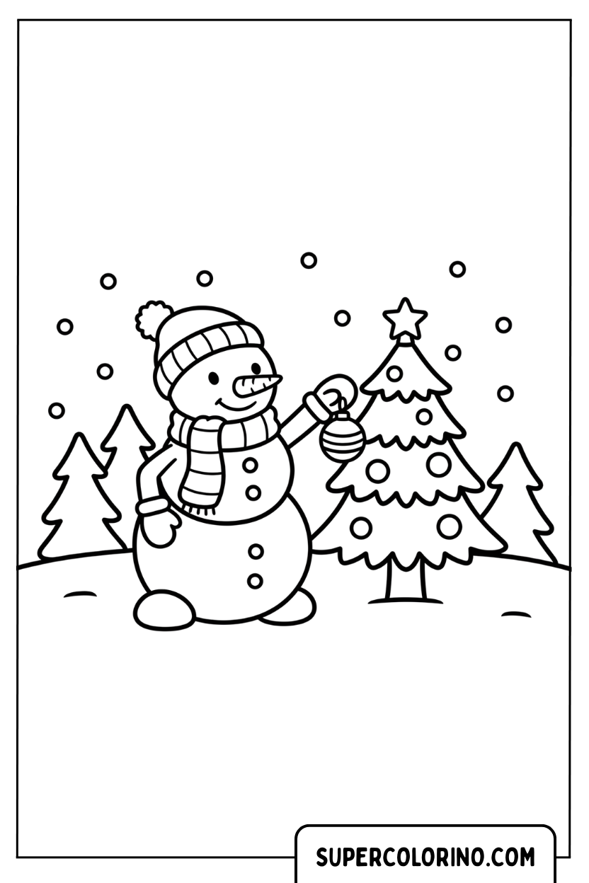 Disegno di un pupazzo di neve che addobba l'albero da colorare