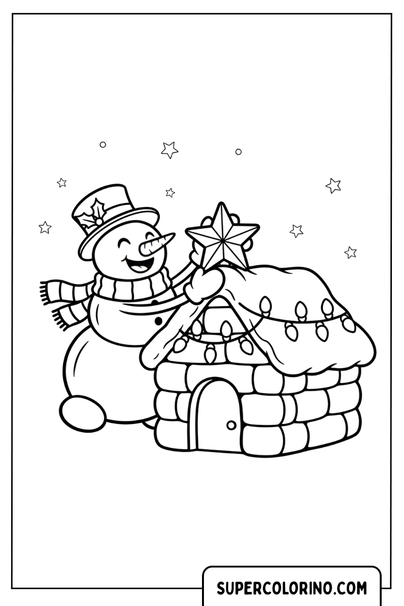 Kleurplaat van een sneeuwpop die de iglo versiert