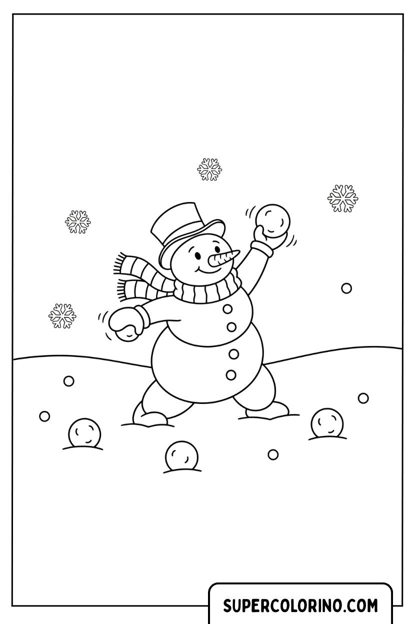 Kleurplaat van een sneeuwpop die sneeuwballen speelt