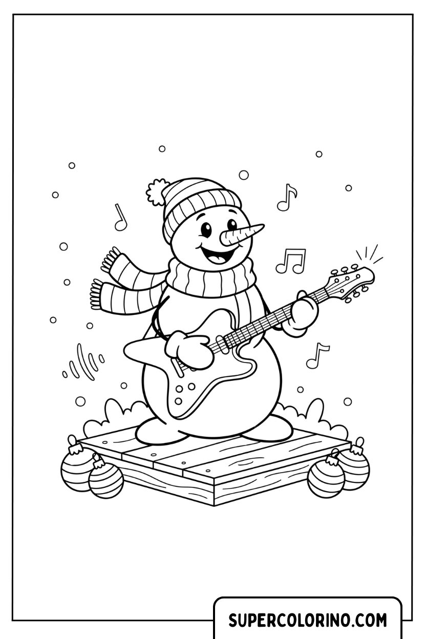 Kleurplaat van een sneeuwpop die elektrische gitaar speelt