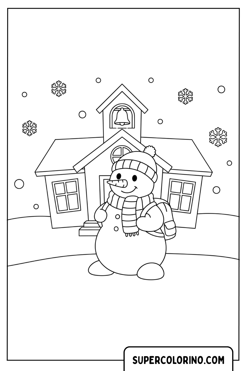 Disegno di un pupazzo di neve davanti alla scuola da colorare