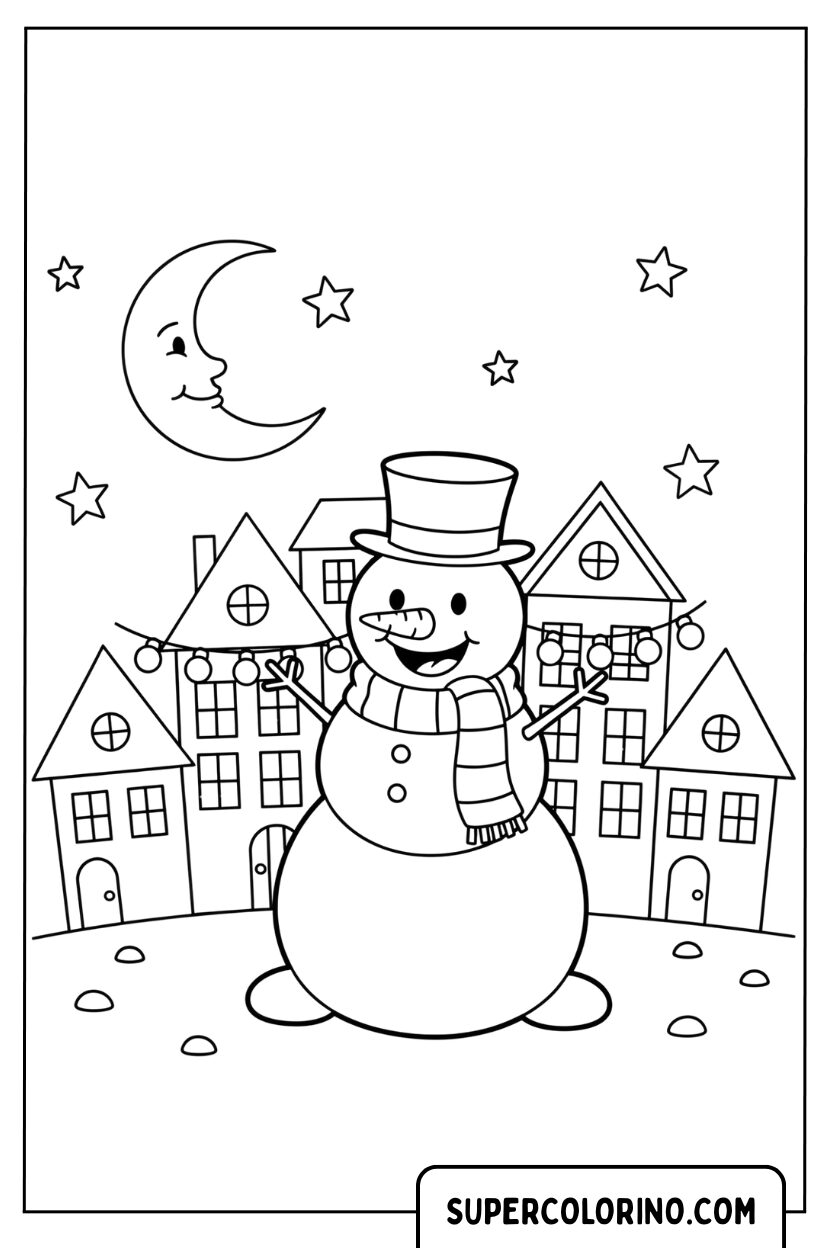 Disegno di un pupazzo di neve nel villaggio di notte da colorare
