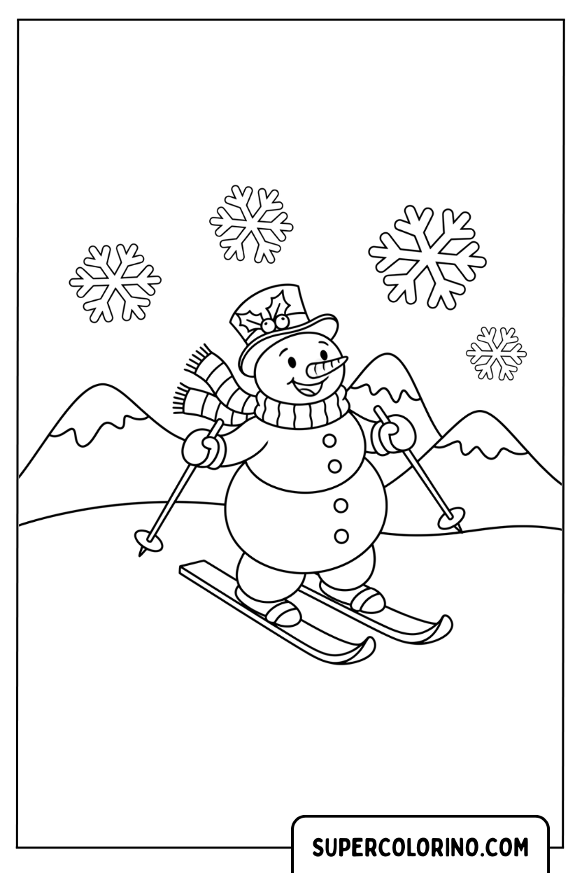 Kleurplaat van een sneeuwpop op ski's