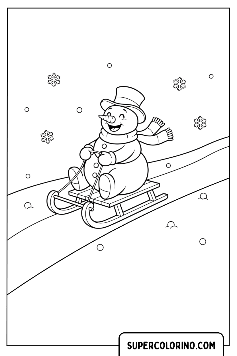 Kleurplaat van een sneeuwpop op een slee