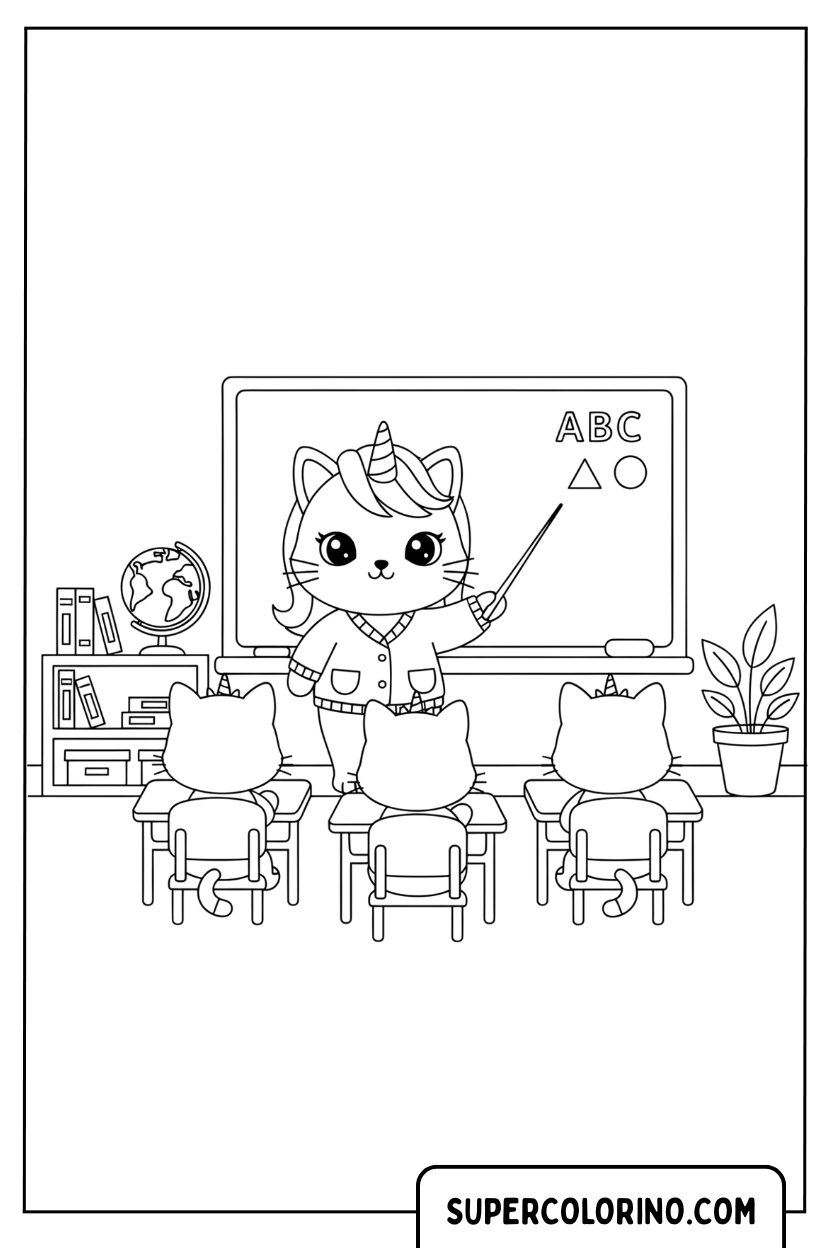 Coloriage d'un professeur de chat licorne en classe