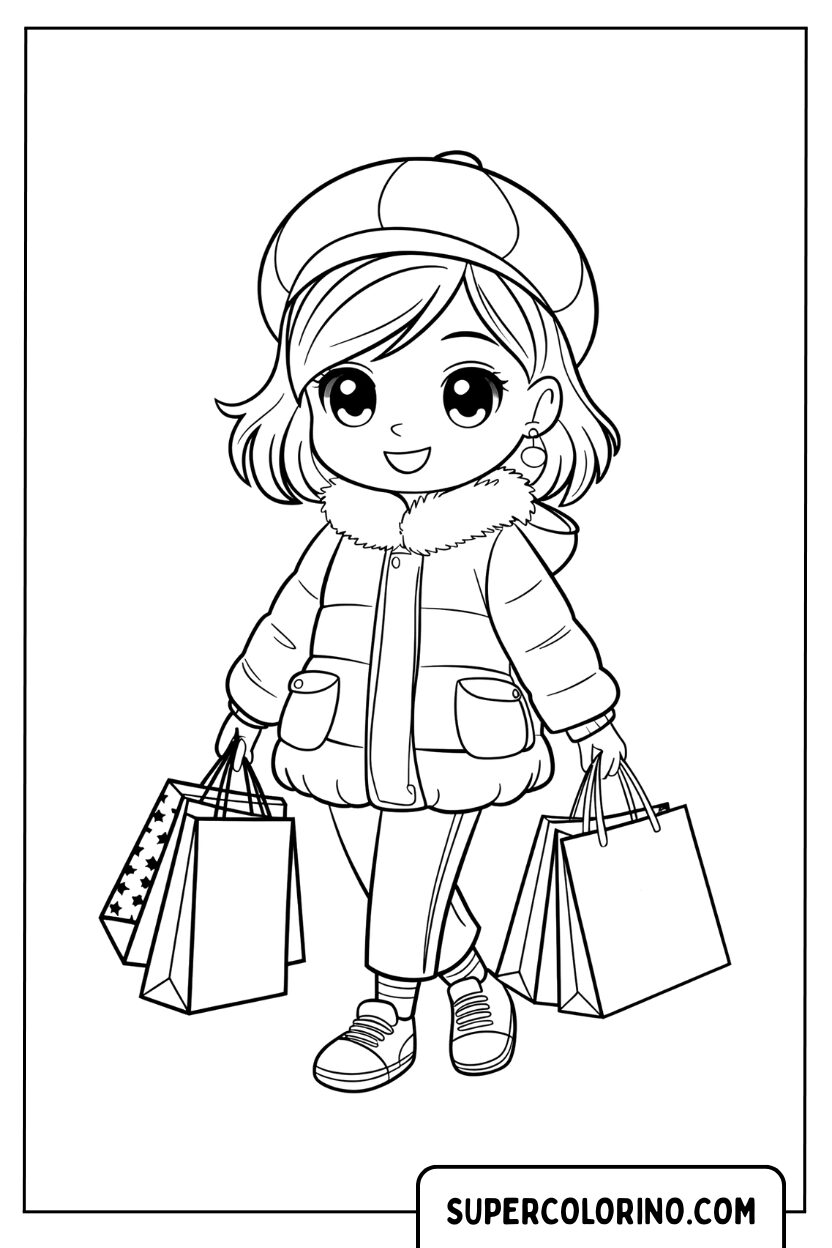 Disegno di una ragazza anime che fa shopping da colorare