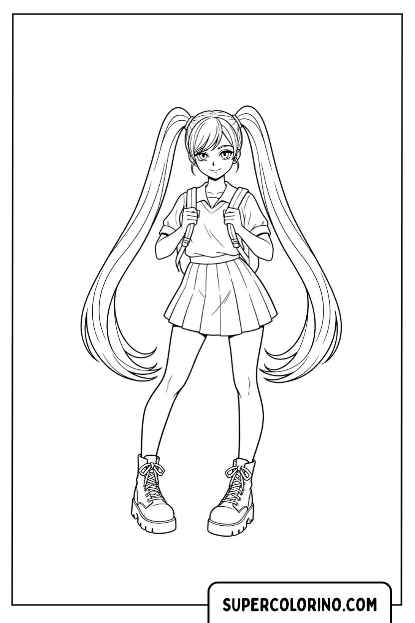Disegno di una ragazza anime con alte code e zainetto da colorare