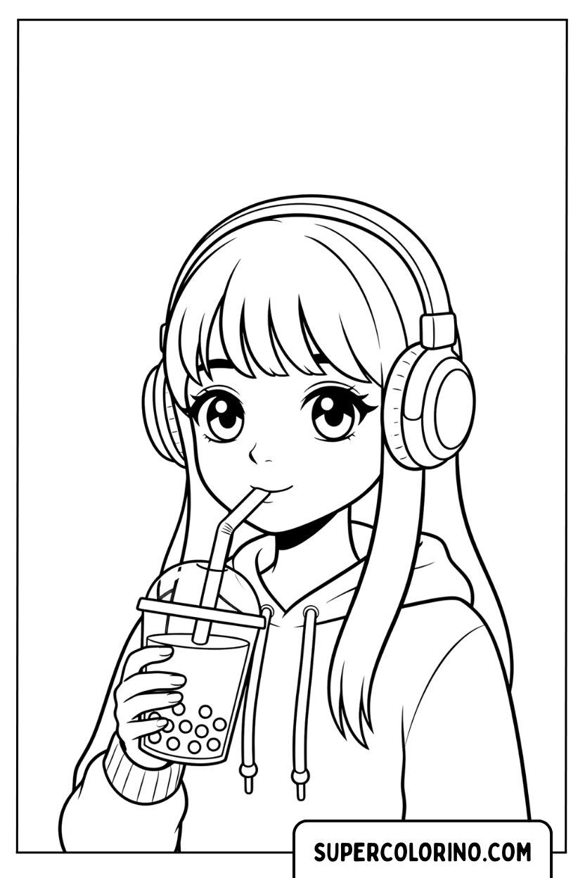 Anime meisje met koptelefoon en bubble tea kleurplaat