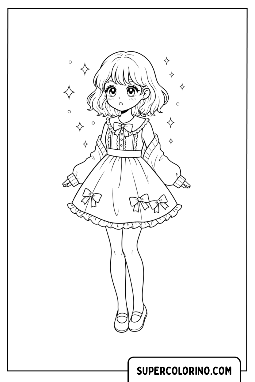 Kleurplaat van een animemeisje in een elegante jurk