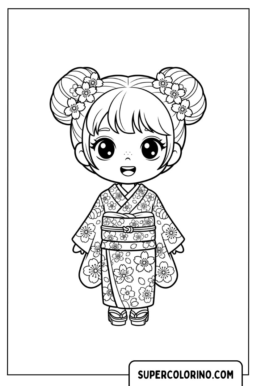 Disegno di una ragazza anime in kimono tradizionale da colorare