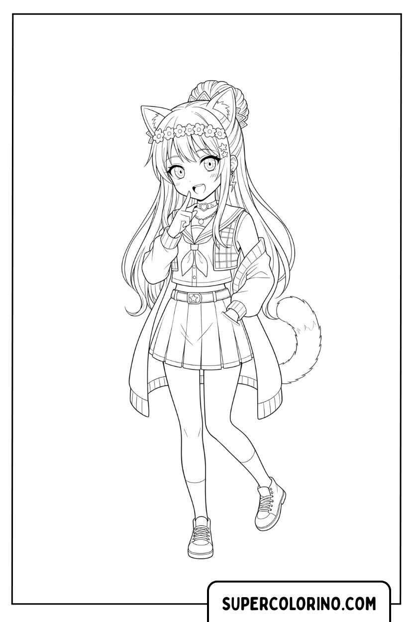 Anime kattenmeisje in uniform kleurplaat