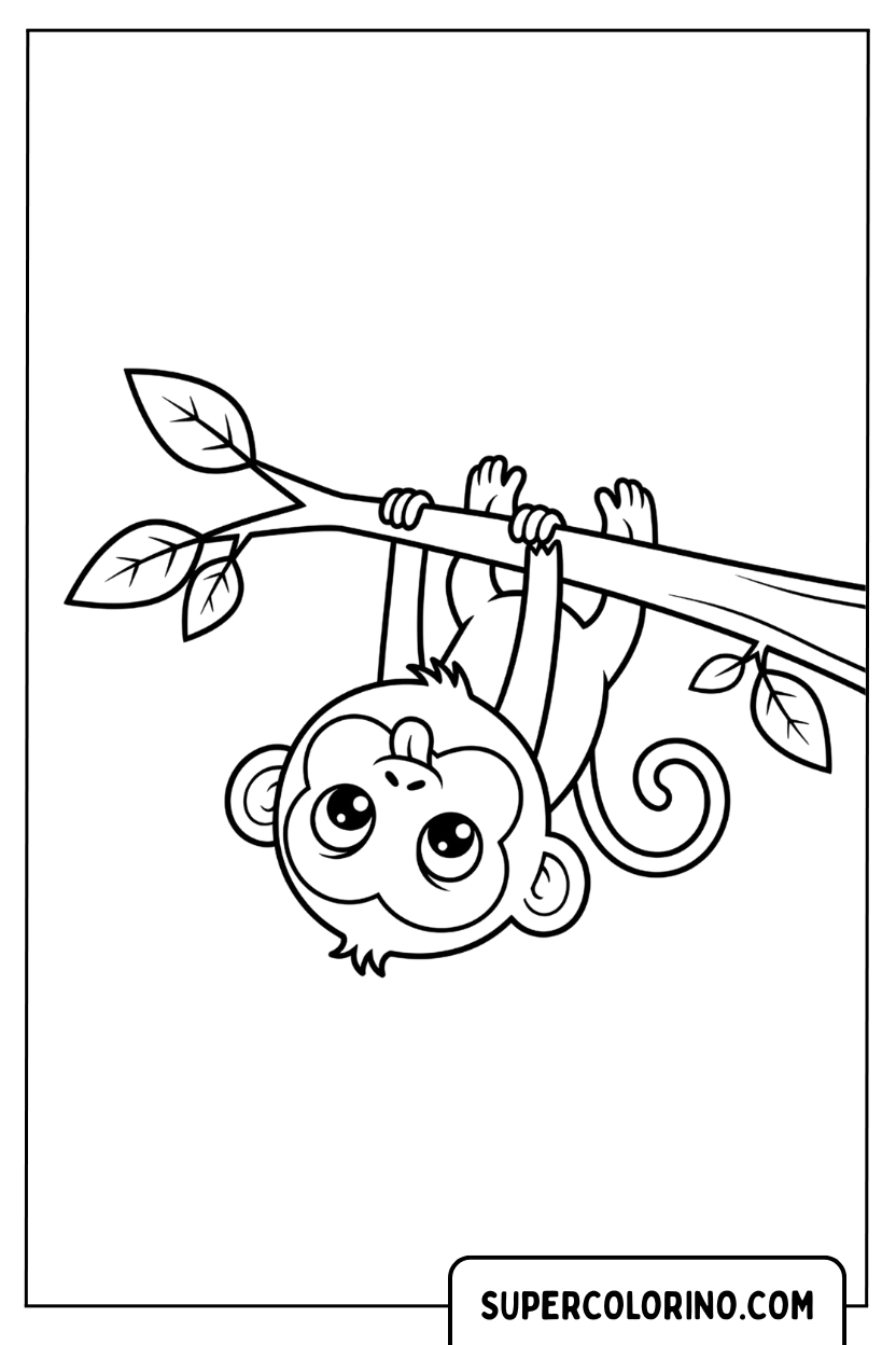 Coloriage d'un petit singe suspendu la tête en bas