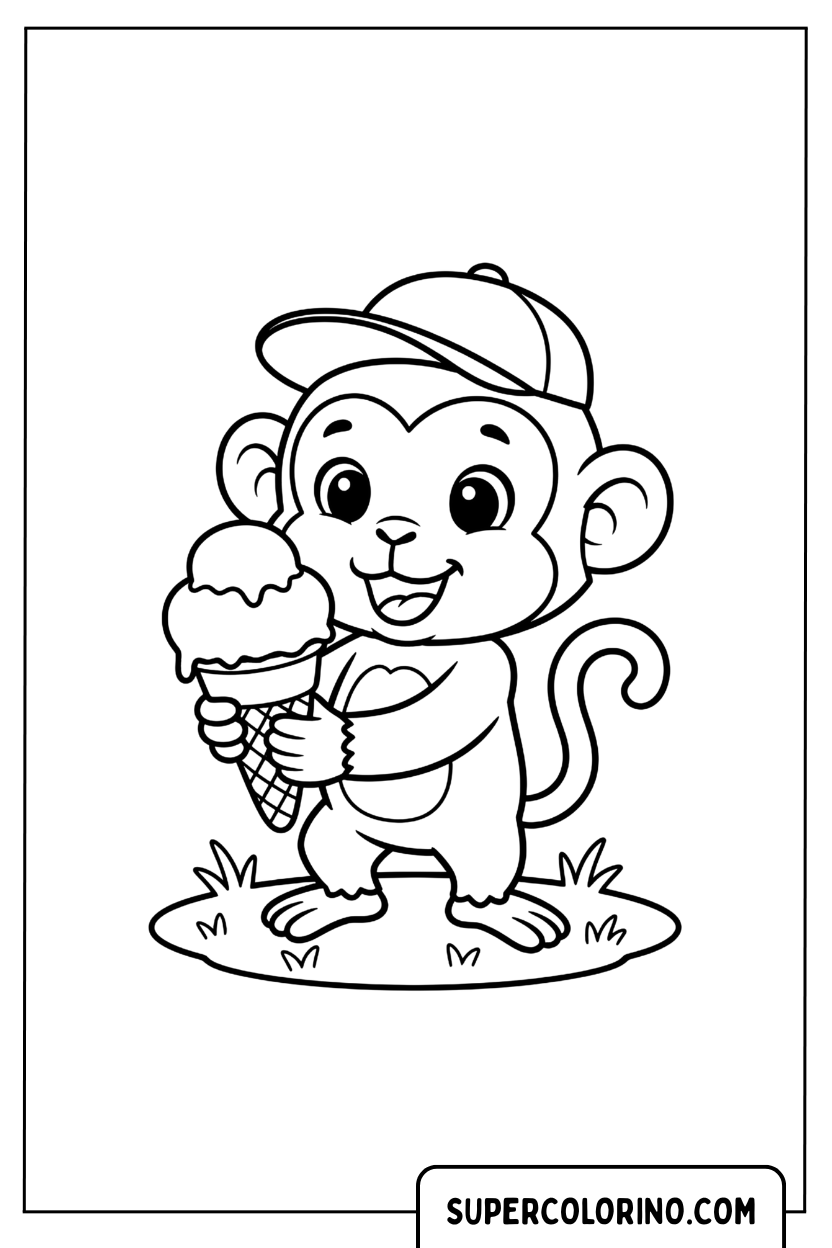 Coloriage d'un petit singe avec de la glace et un chapeau