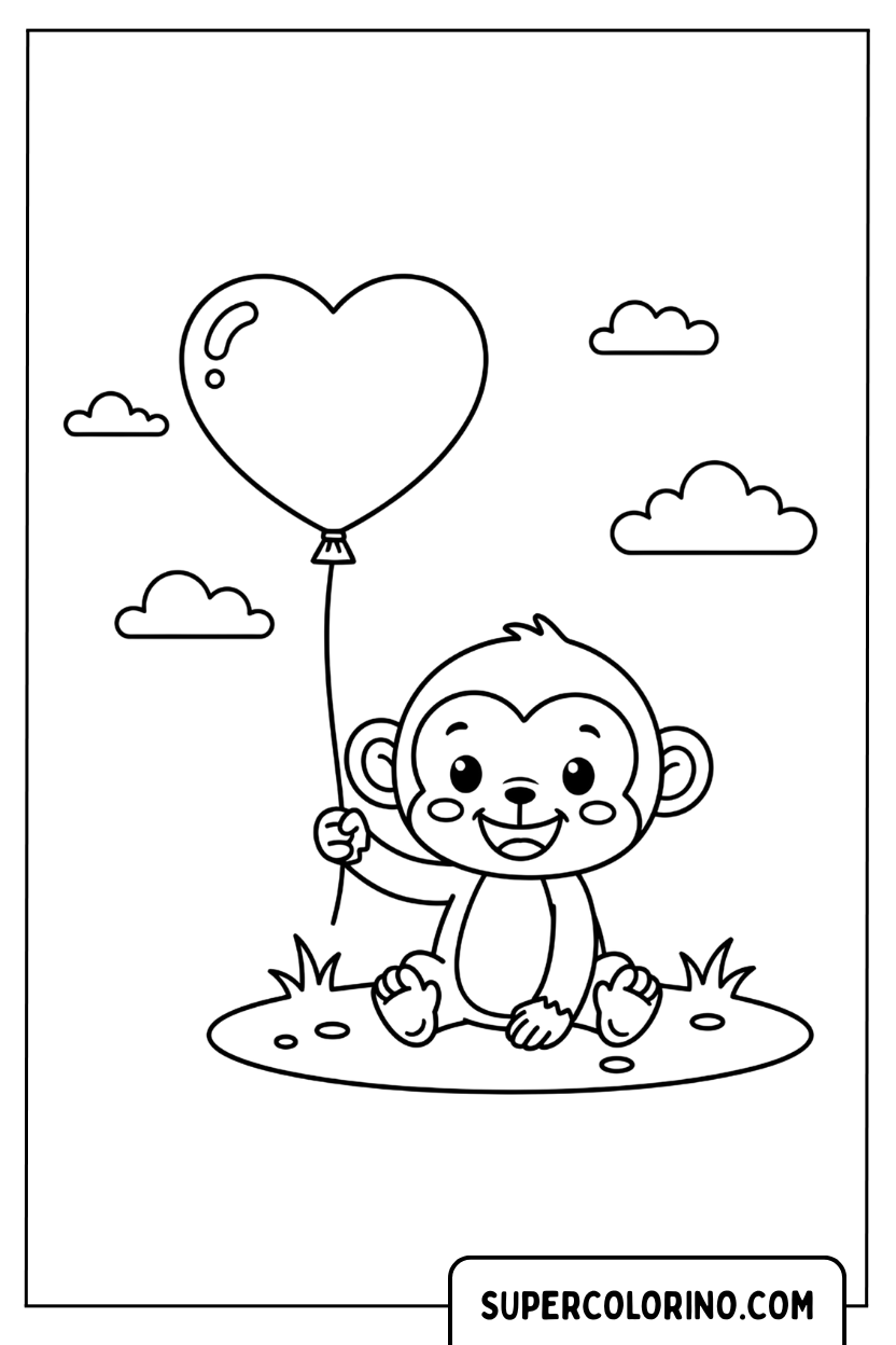 Coloriage d'un petit singe avec un ballon coeur