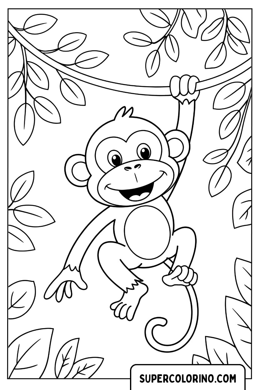 Coloriage d'un petit singe heureux dans la forêt